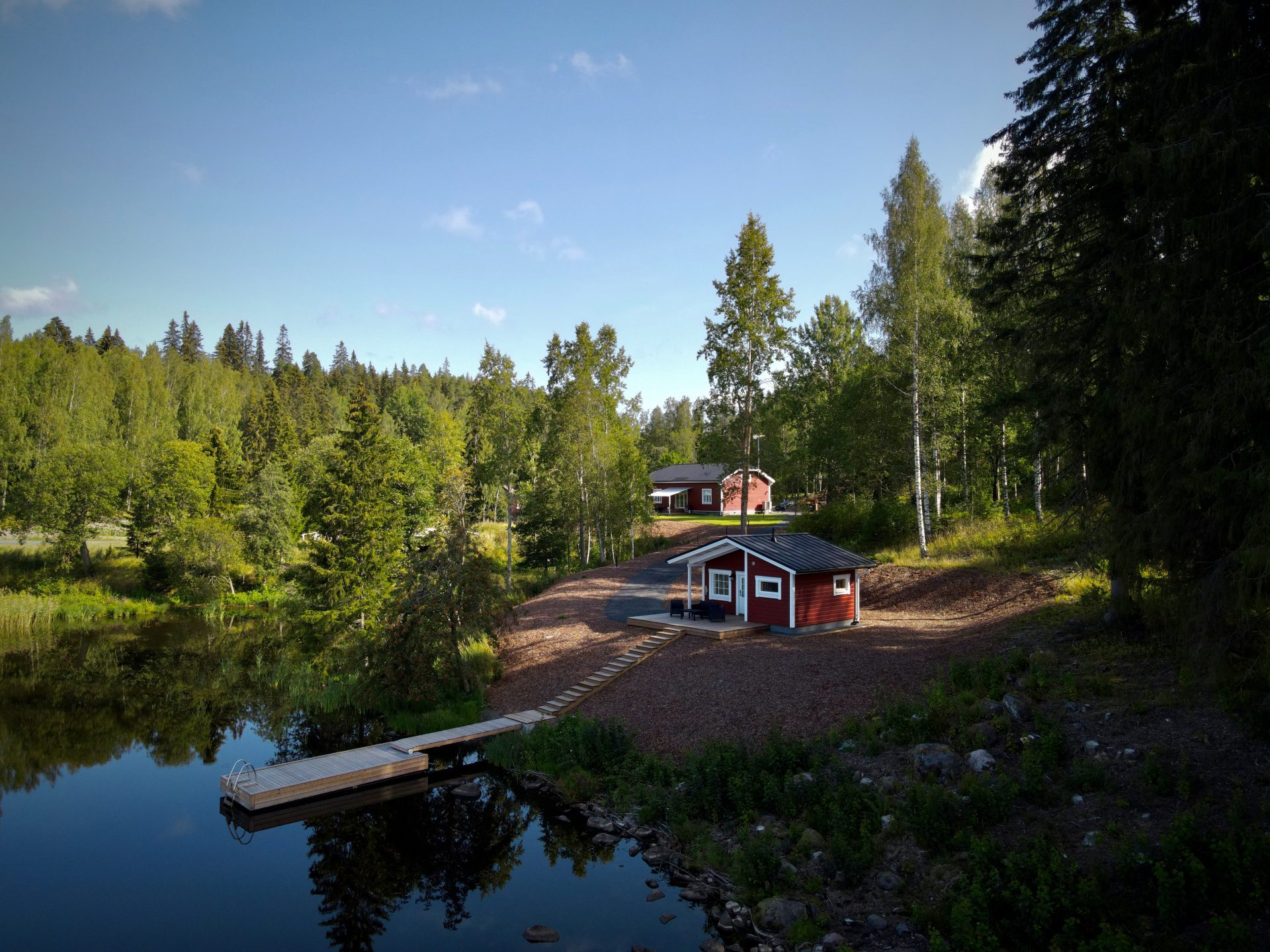 Punainen mökki järven rannalla, ympärillä kauniita metsämaisemia ja kirkasta taivasta.